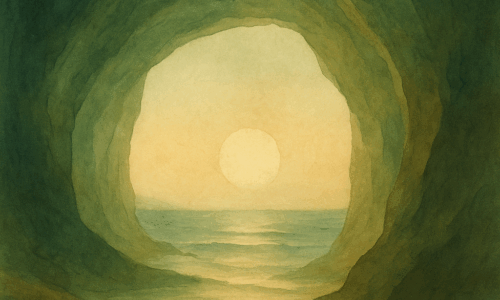 Fondo suave con tonos arena, dorado y azul claro que evoca calma, expansión y renacimiento. Imagen simbólica del viaje interior de Huella Vital.