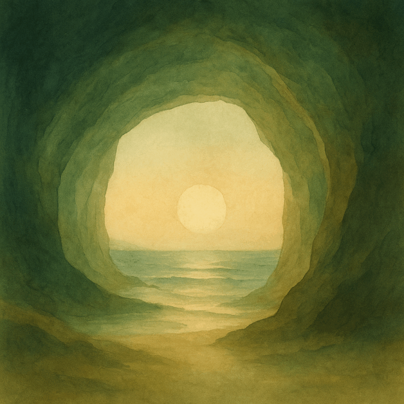 Fondo suave con tonos arena, dorado y azul claro que evoca calma, expansión y renacimiento. Imagen simbólica del viaje interior de Huella Vital.