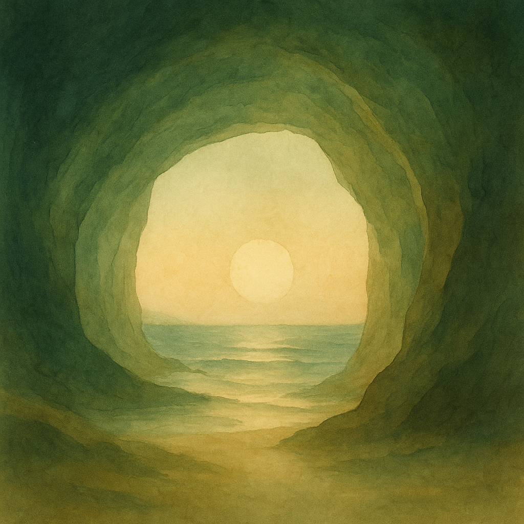 Fondo suave con tonos arena, dorado y azul claro que evoca calma, expansión y renacimiento. Imagen simbólica del viaje interior de Huella Vital.